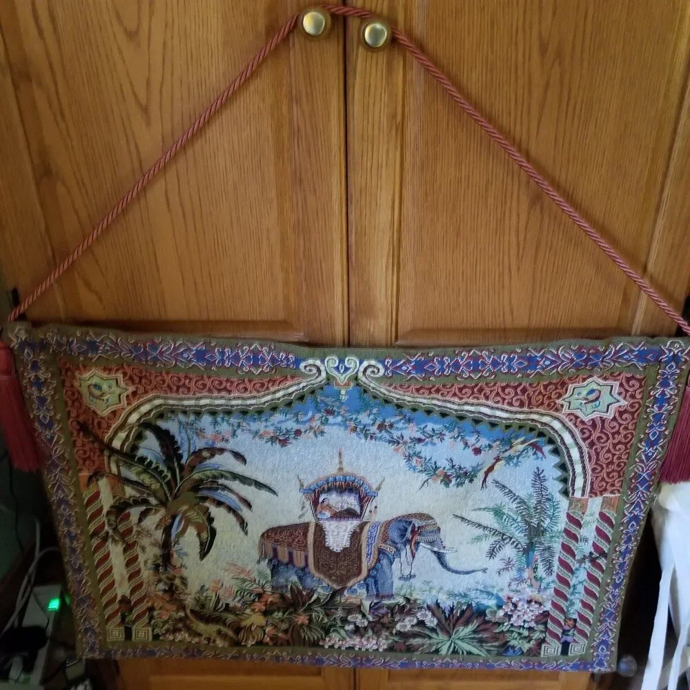 Vintage Thai Burmese Kalaga tapestry embroidered Tassel Elephant Wall Hanging